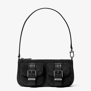 Michael Kors Black Perforated Leather Shoulder Bag with Front Buckle Pockets